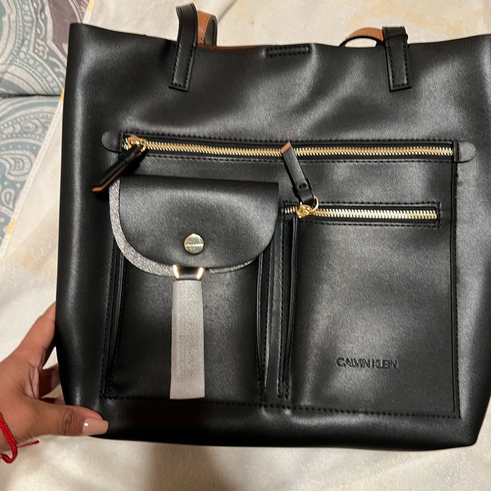 Calvin Klein Rossa leather tote black and tan nwt
